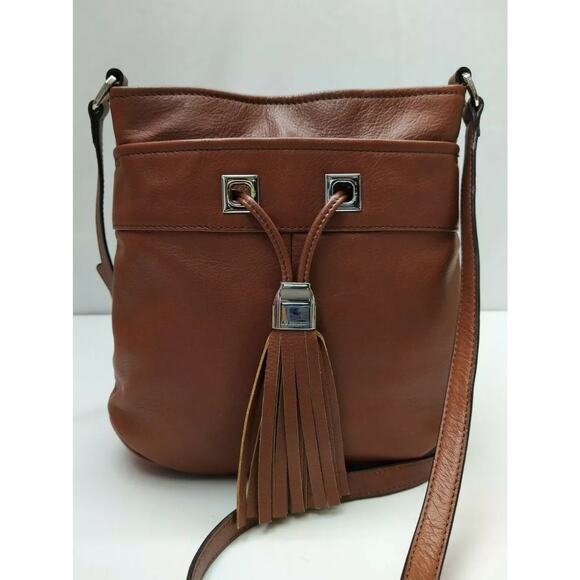 B. Makowsky Brown Leather Pocket Drawstring Tassel Crossbody Bag - Picture 1 of 13